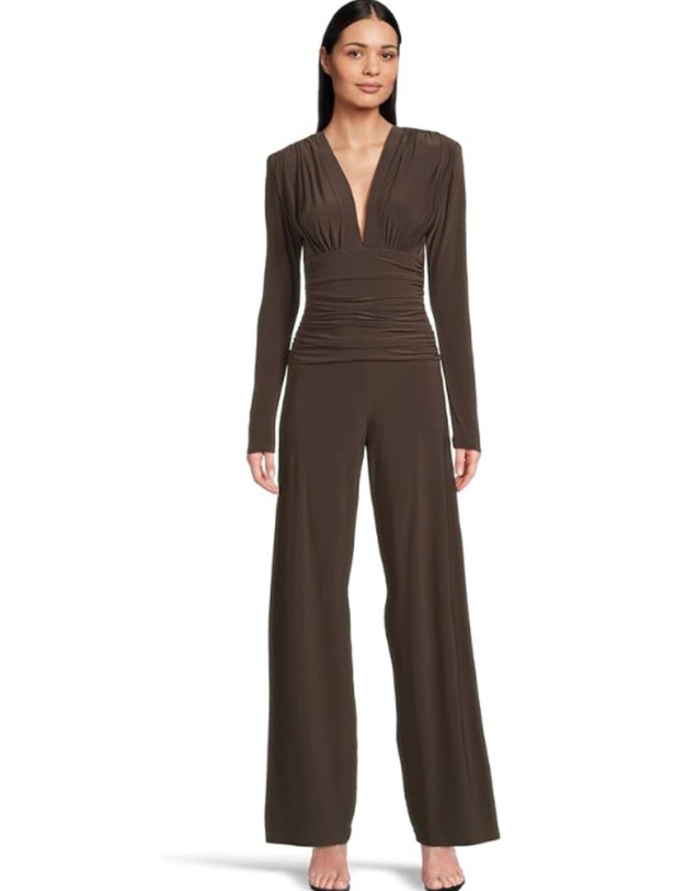Norma Kamali V-Neck Shirred Waist Jumpsuit XS/34 Chocolate Brown Long Sleeve NWT